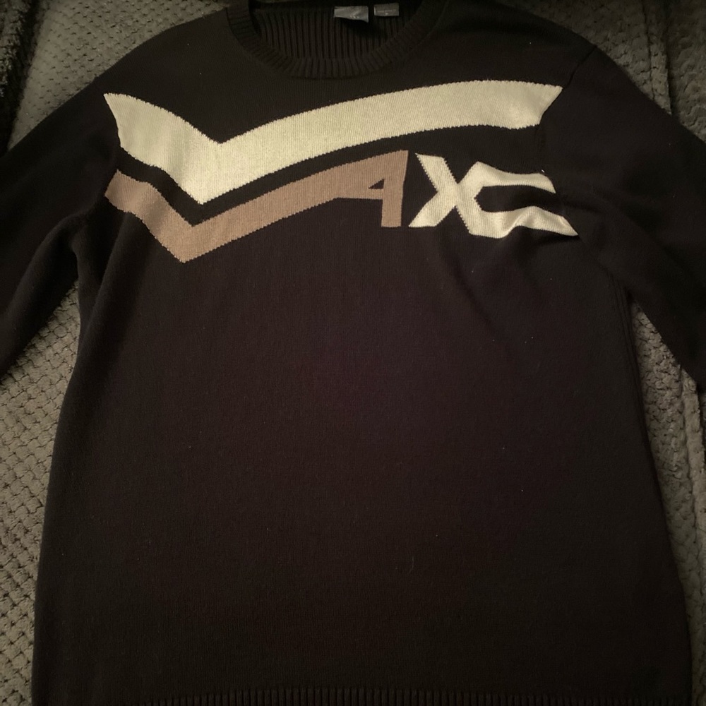 Armani Exchange Black Crewneck Sweater with Cream and Tan Chevron